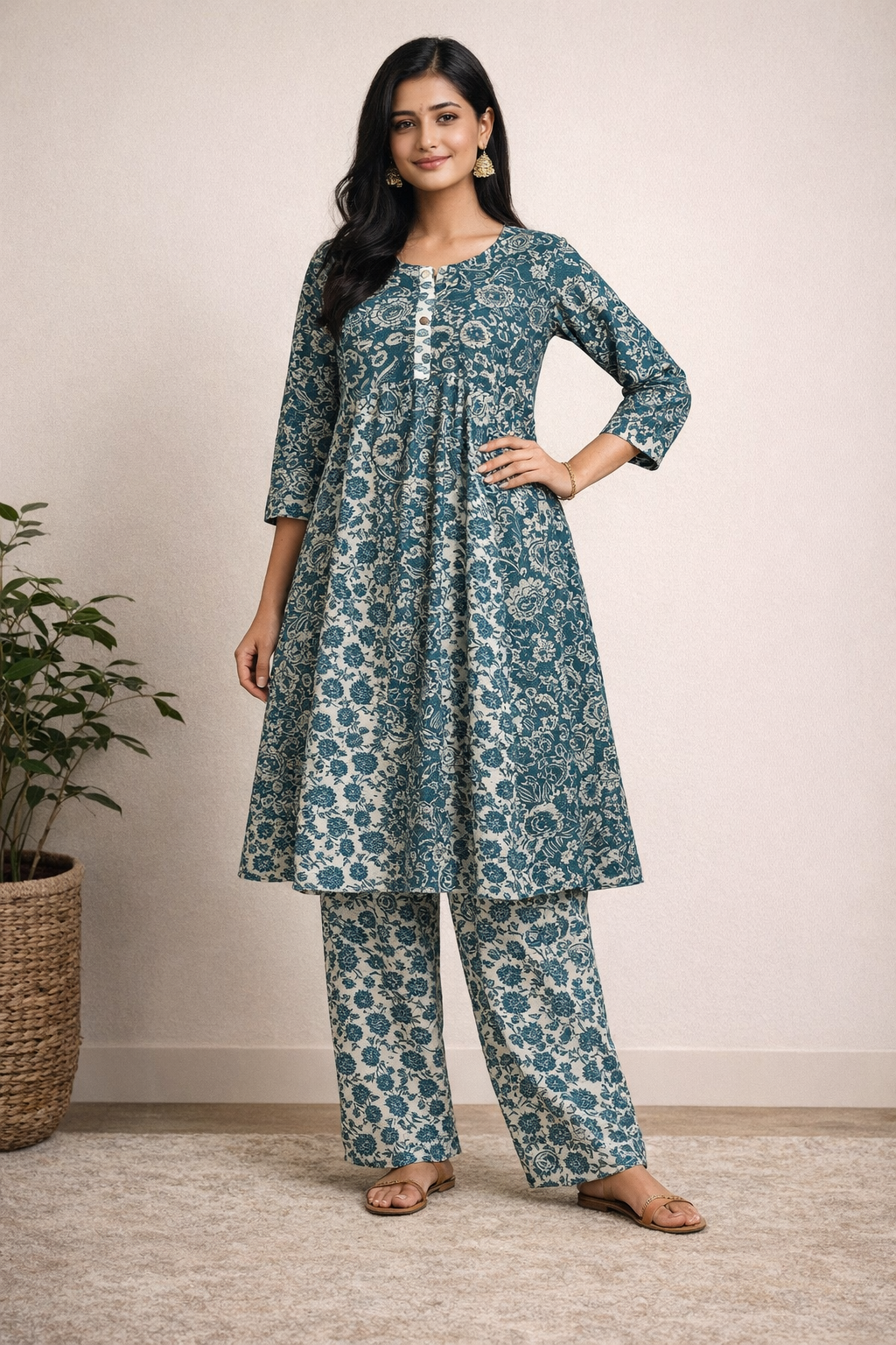 Teal Floral Printed Kurta Set with Palazzo Pants