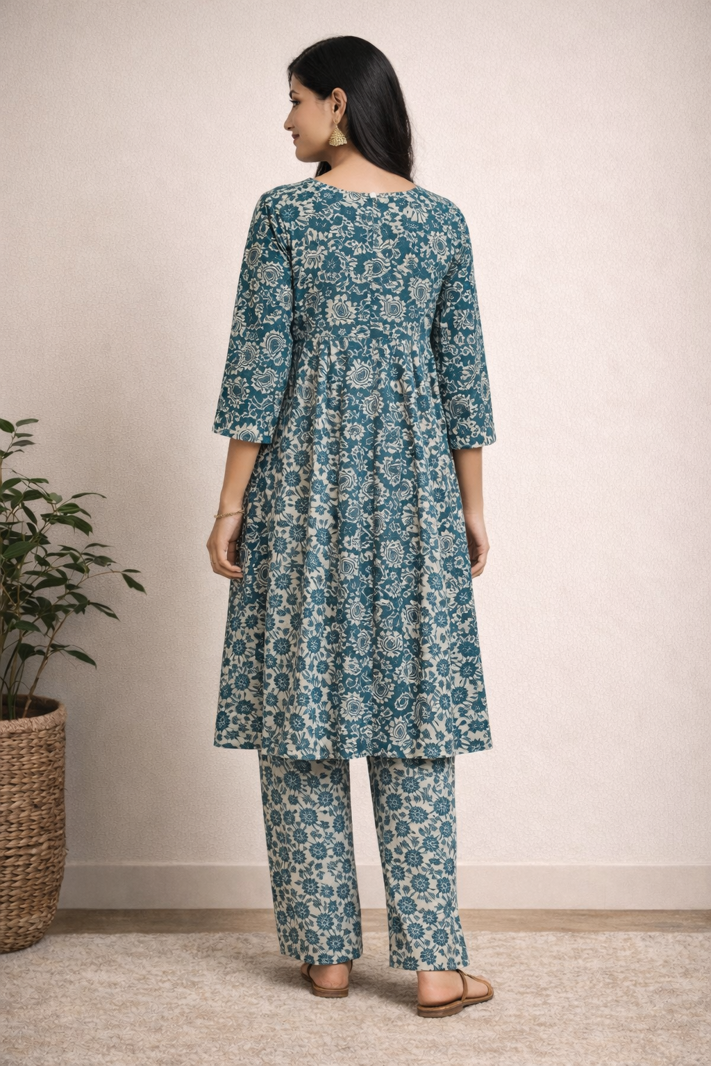 Alternative view of Teal Floral Printed Kurta Set with Palazzo Pants
