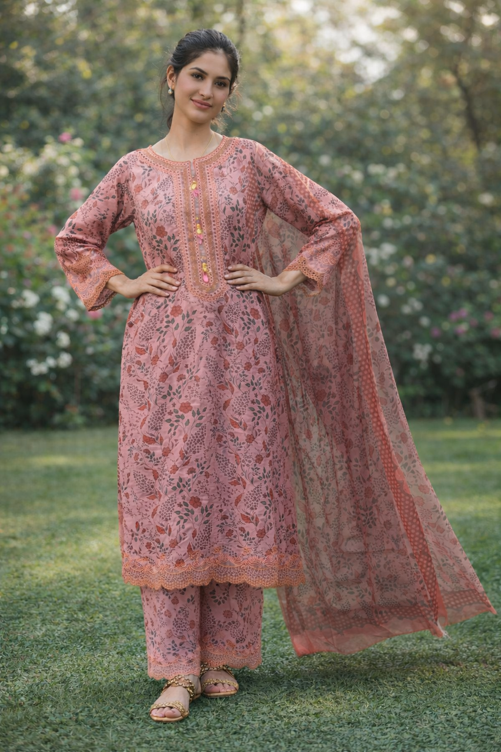 Elegant Peach Floral 3-Piece Suit