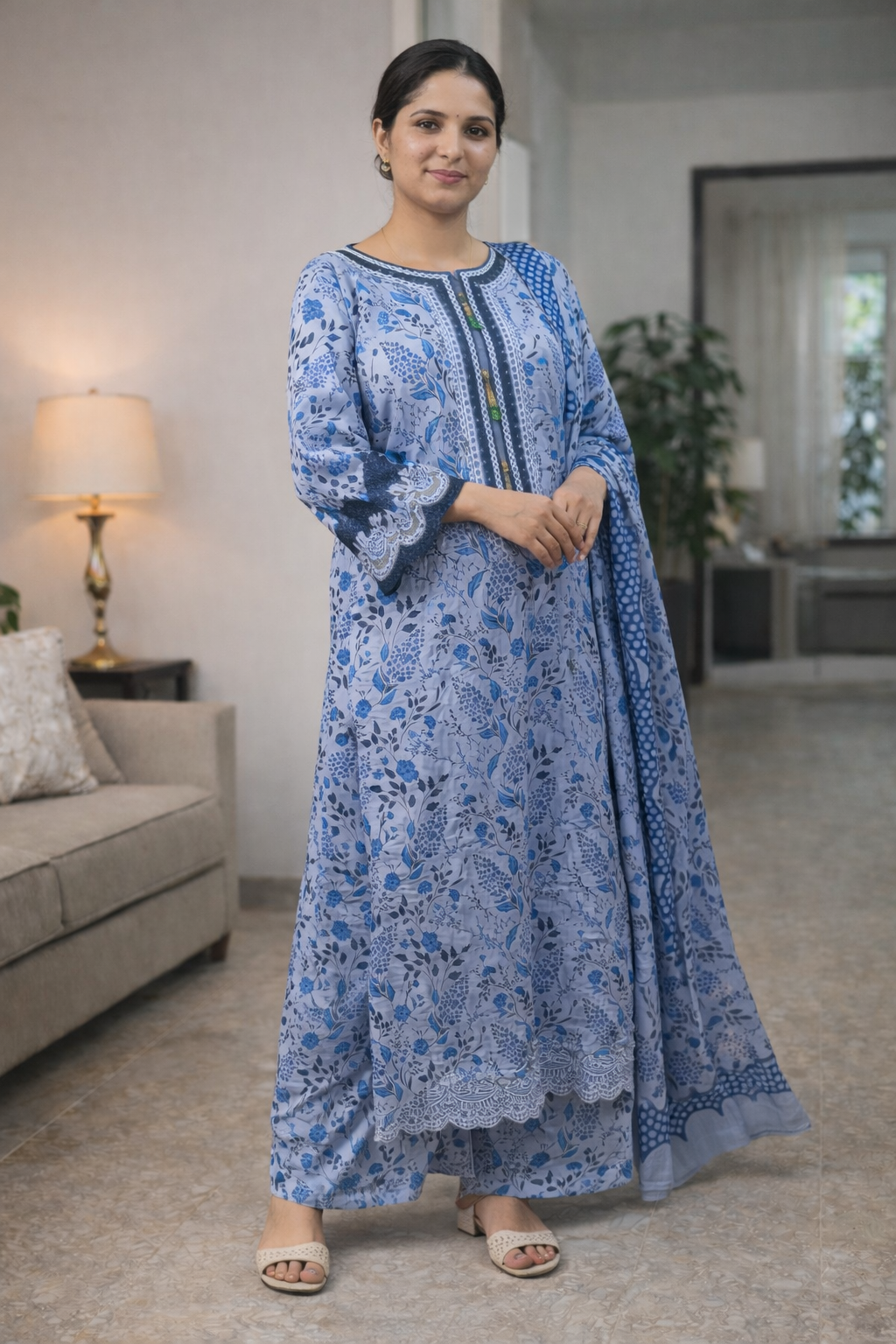 Elegant Powder Blue Floral 3-Piece Suit