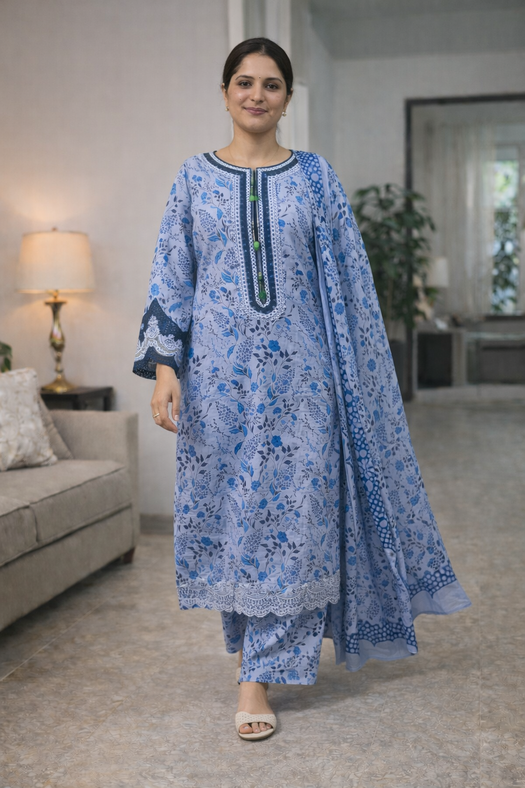 Elegant Powder Blue Floral 3-Piece Suit - Image 3