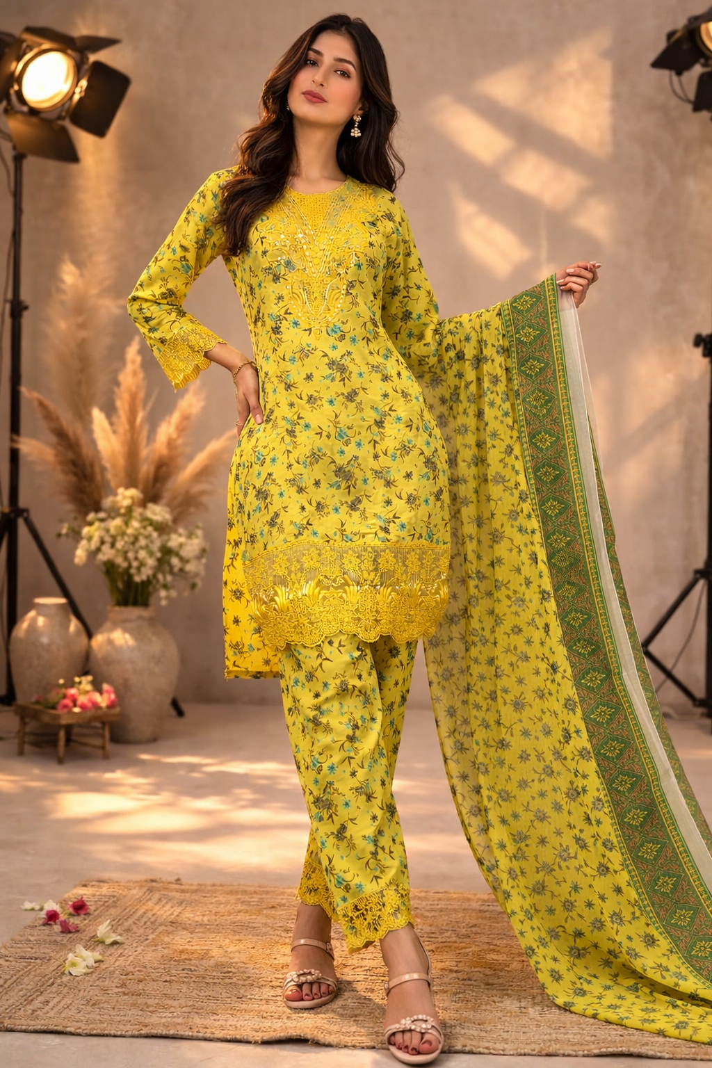 Radiant Mustard Yellow Floral 3-Piece Suit