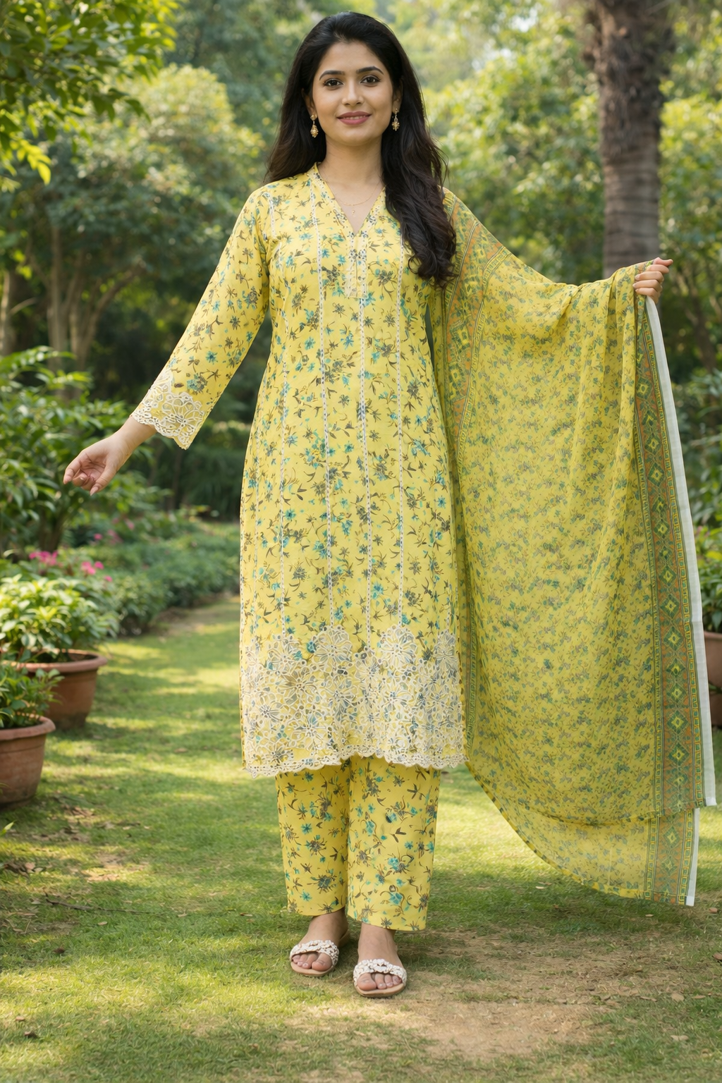 Bright Yellow Floral 3-Piece Lawn Suit