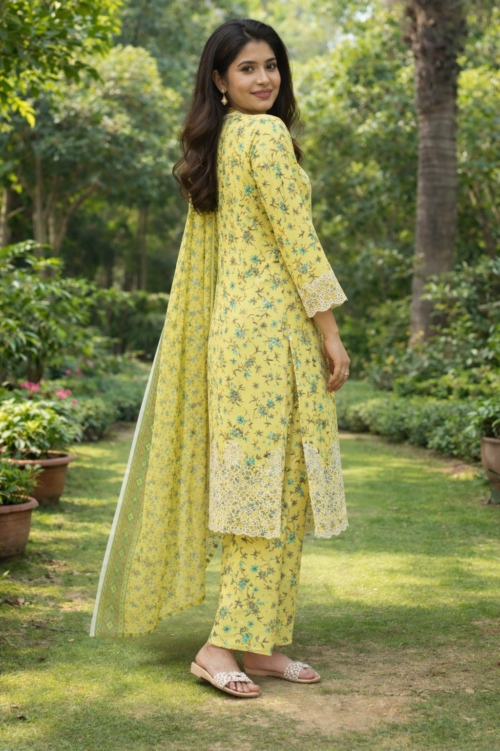 Bright Yellow Floral 3-Piece Lawn Suit - Image 3