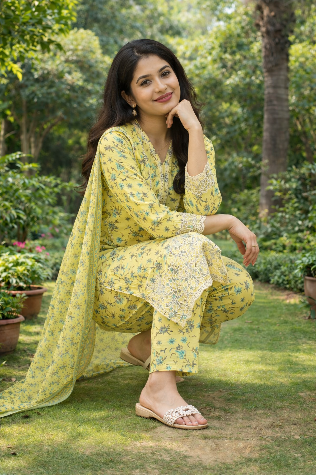 Alternative view of Bright Yellow Floral 3-Piece Lawn Suit