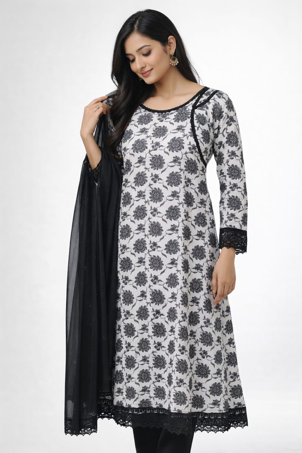 Alternative view of Monochrome Floral Anarkali Dress with Black Dupatta