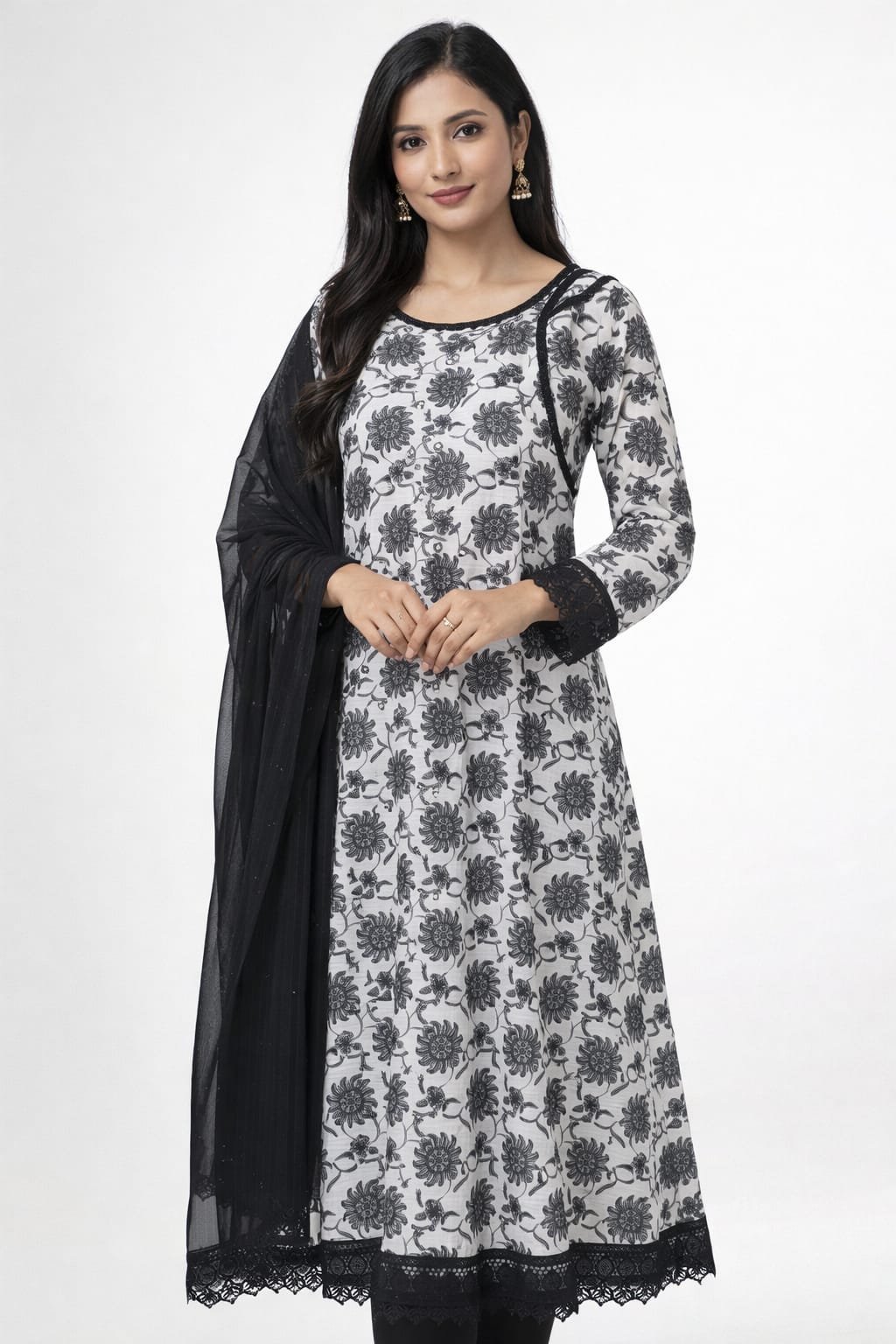 Monochrome Floral Anarkali Dress with Black Dupatta