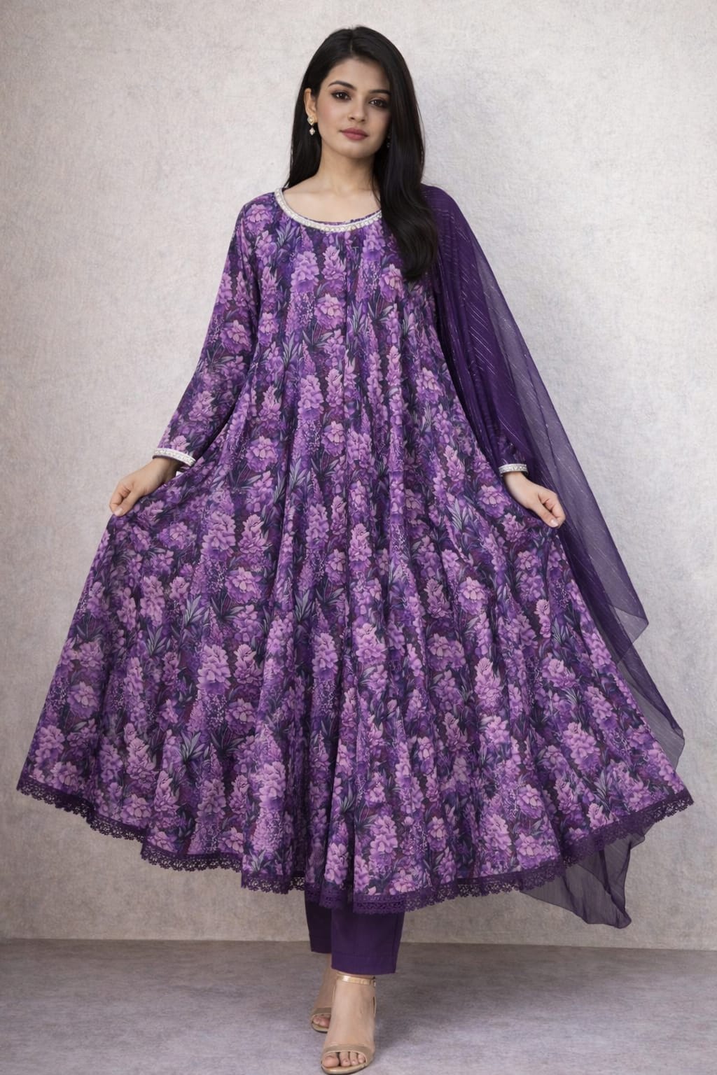 Royal Purple Floral Anarkali Suit with Dupatta - Image 4
