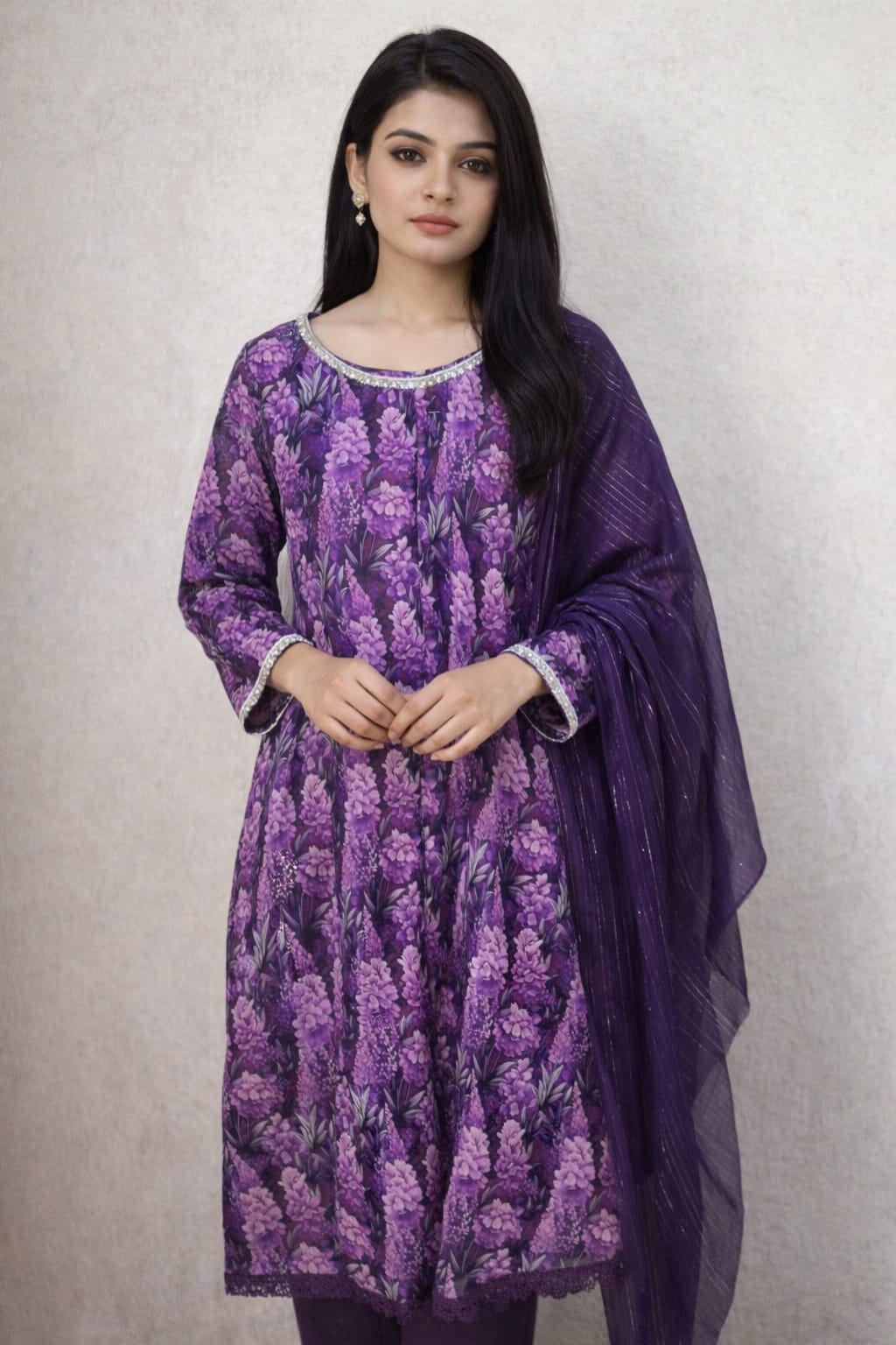 Royal Purple Floral Anarkali Suit with Dupatta - Image 3