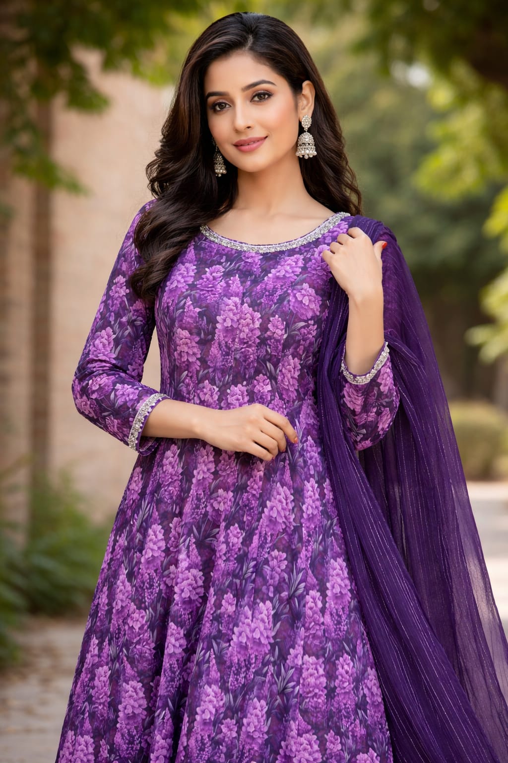 Royal Purple Floral Anarkali Suit with Dupatta