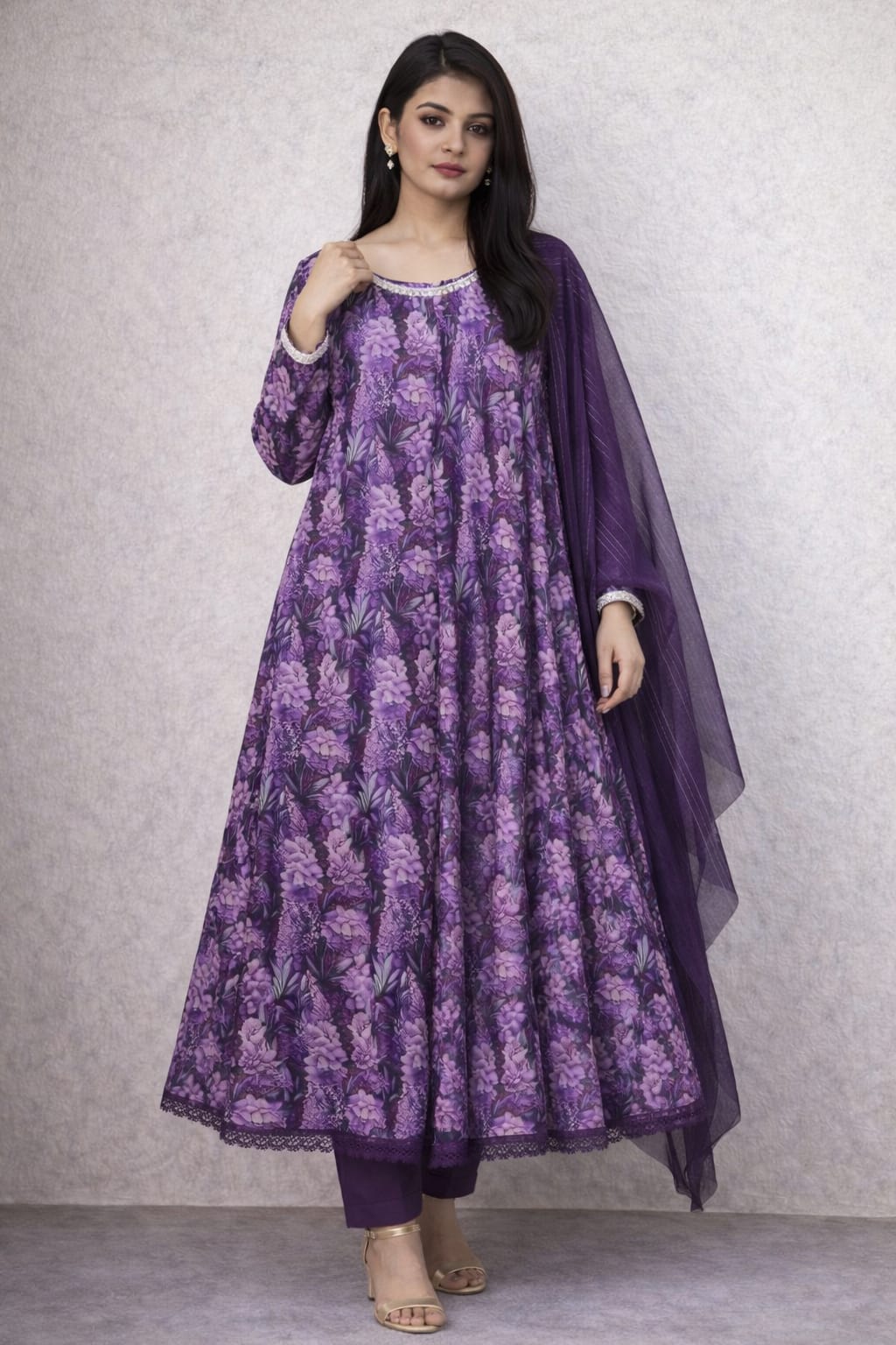 Alternative view of Royal Purple Floral Anarkali Suit with Dupatta